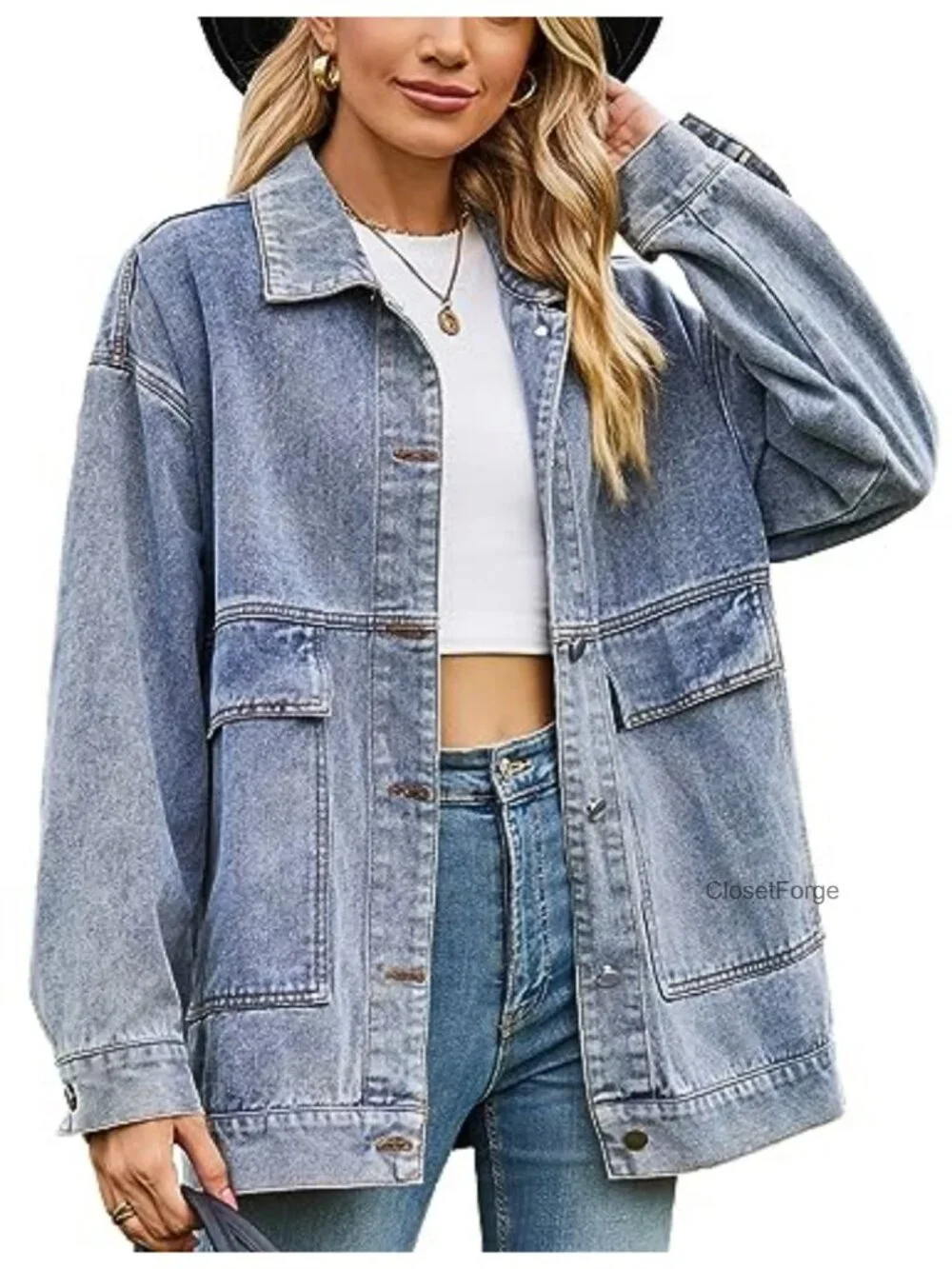 Vintage Distressed Oversized Denim Jacket Shacket Button Down Flap Pockets